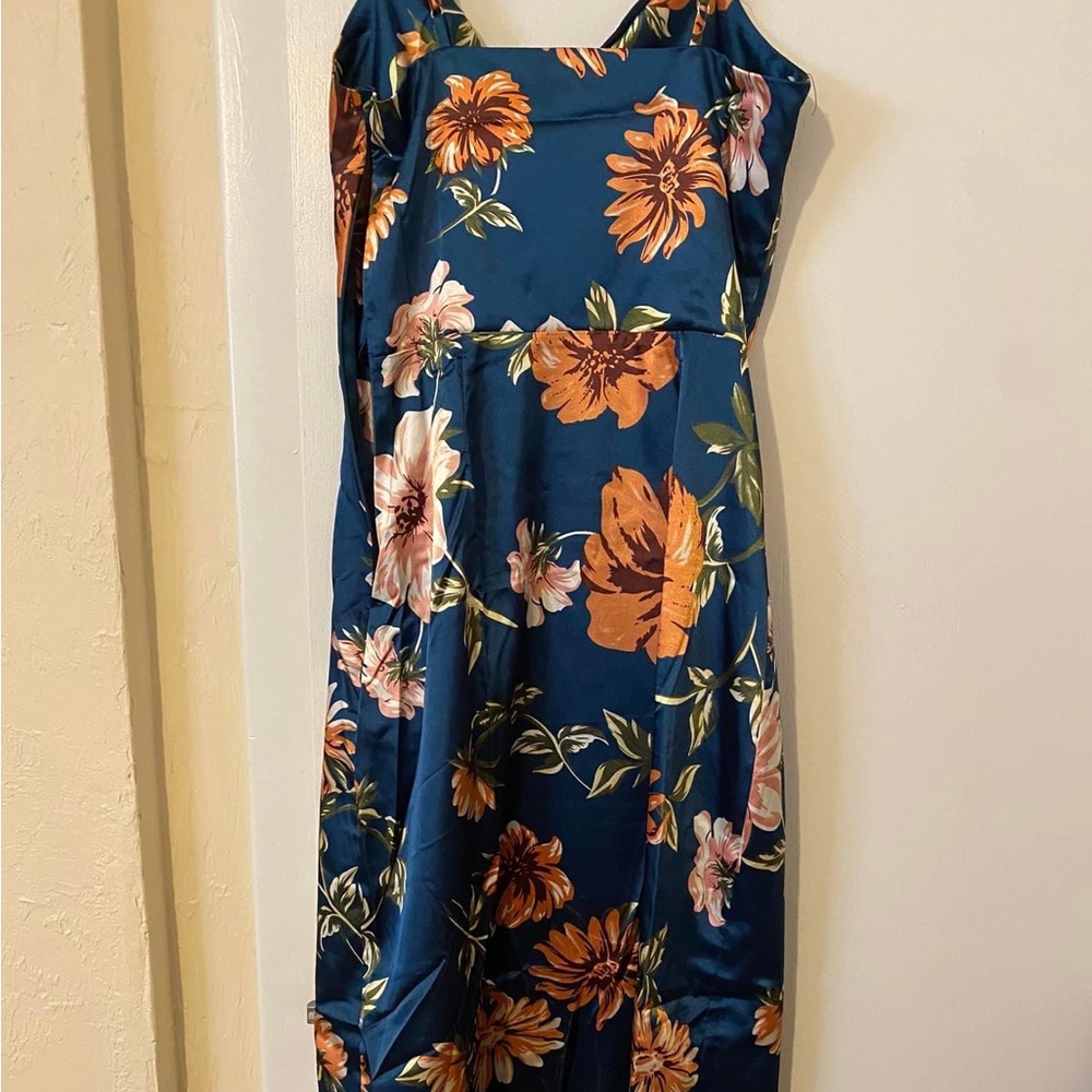 SHEIN Drape Neck Split Thigh Satin Dress